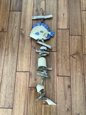 Vintage Coastal themed Wind Chime w/ Driftwood,Seashells, Ceramic Fish Signed